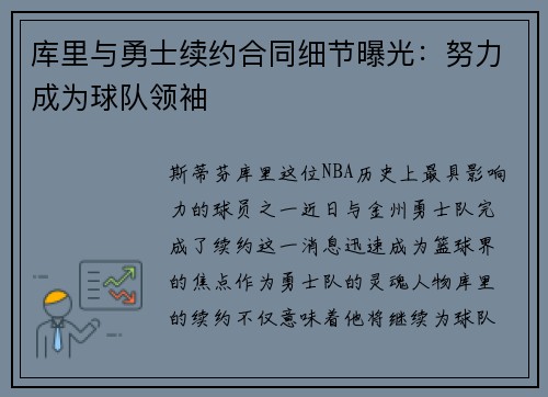库里与勇士续约合同细节曝光：努力成为球队领袖