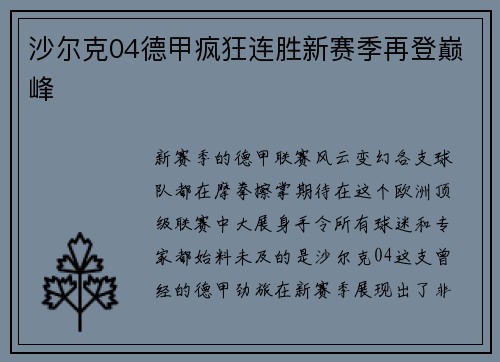 沙尔克04德甲疯狂连胜新赛季再登巅峰